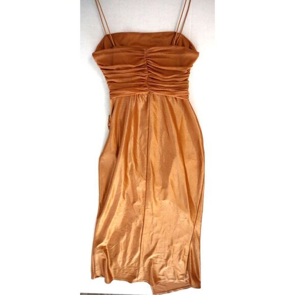 ASOS DESIGN Women's Sz 4 Gold Mesh Ruched Cami Drape Satin Midi Dress - Picture 7 of 14